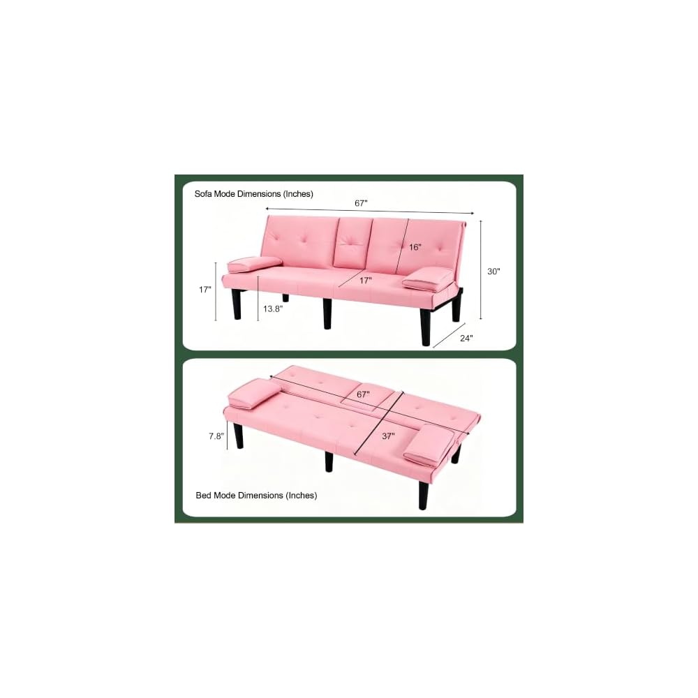 67" Convertible Sofa Bed, Foldable Sleeper Couch with Cup Holders, Pink
