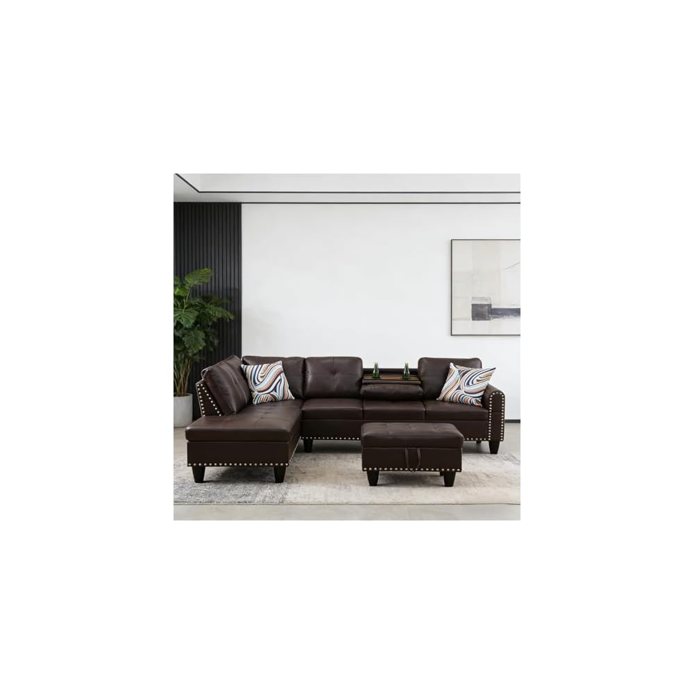 Sectional Sofa Couch, Modern 6-Seaters Living Room Furniture Sets with Chaise Lounge, Ottoman & 6 Pillows | L Shape Couch | Cup Holder | Faux PU Leather,Red-Brown