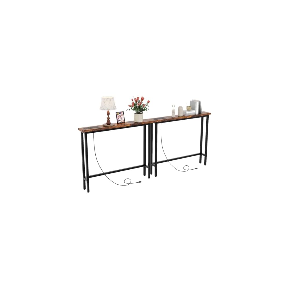 VINGLI 79" Narrow Console Table with Power Outlet 2 Pack, Rustic Brown