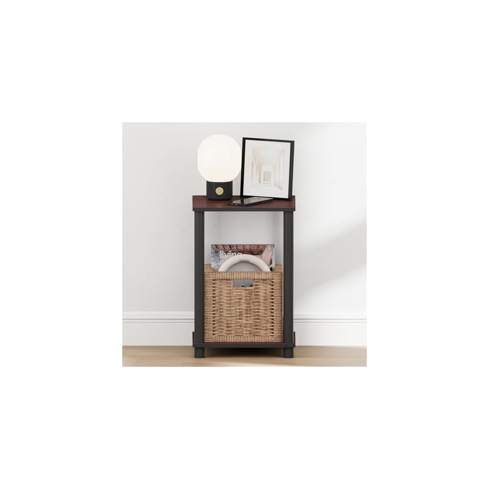Furinno Turn-N-Tube 2-stöckiges Design mit offenem Regal, werkzeuglos montierbarer quadratischer Nachttisch, Beistelltisch, Seitentisch, für Schlafzimmer, Kleiderschrank, Wohnzimmer, Dunkle Kirsche
