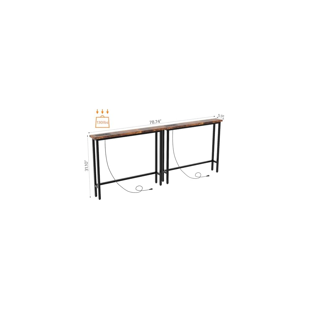 VINGLI 79" Narrow Console Table with Power Outlet 2 Pack, Rustic Brown