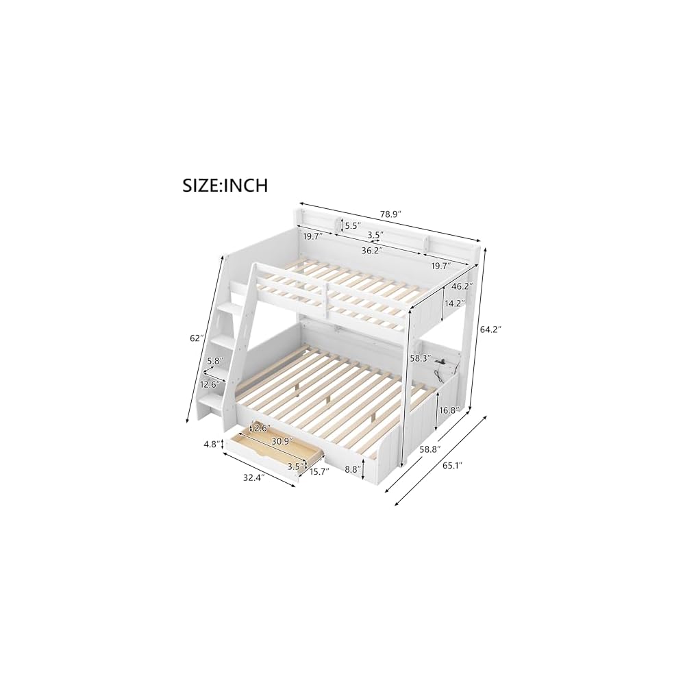 RUNNA Twin Over Full Bunk Bed with Storage Shelves, LED White/LED