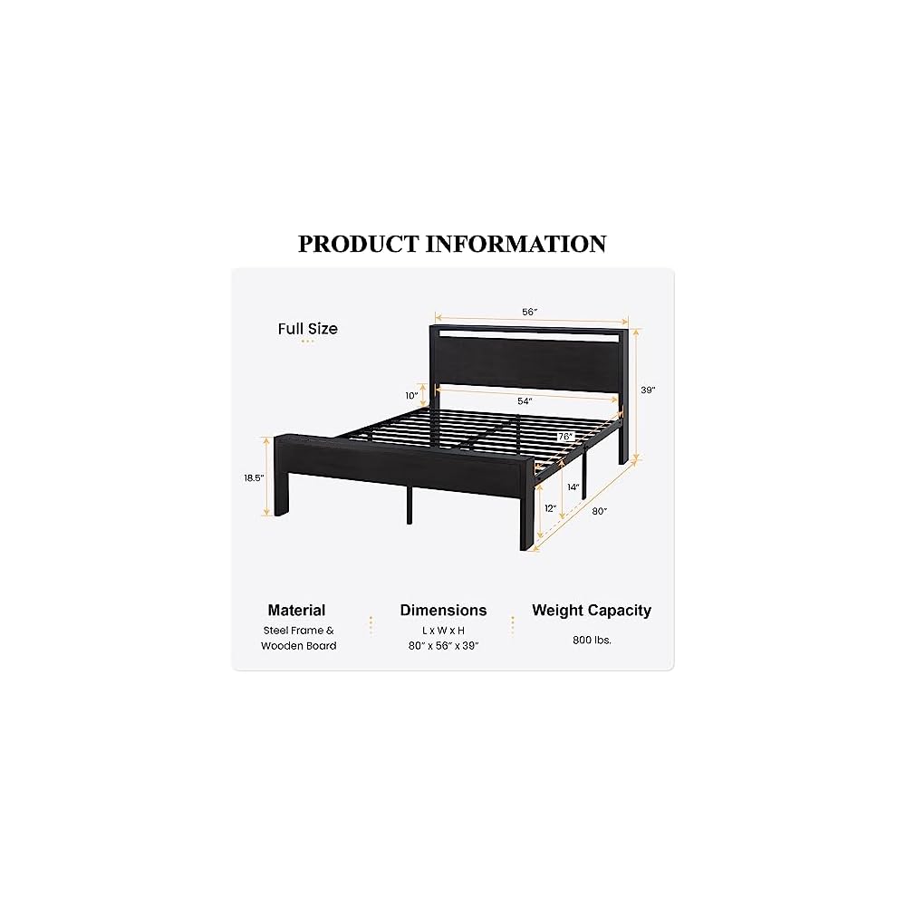 SHA CERLIN Full Size Bed Frame, Wooden Headboard and Footboard, Black Oak