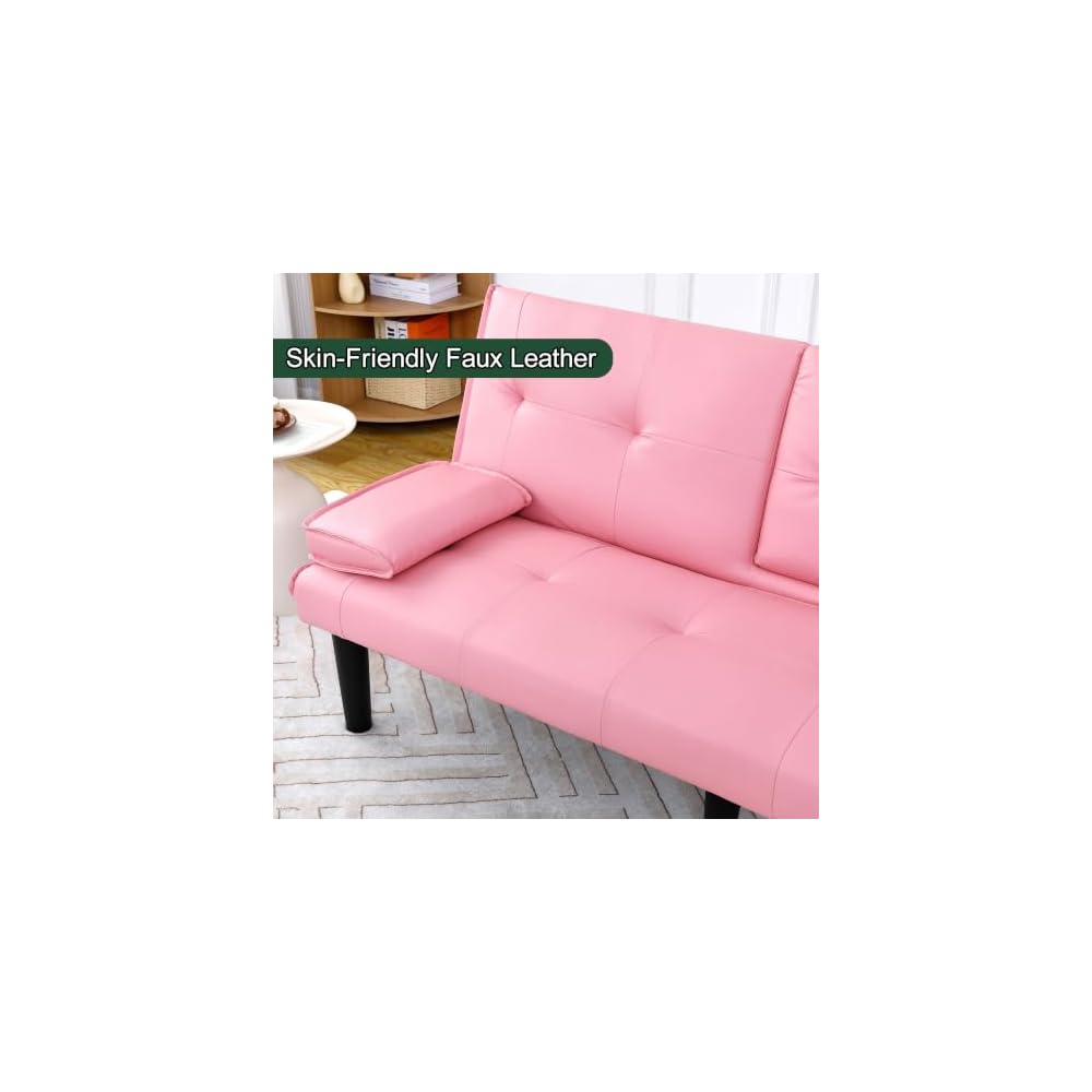 67" Convertible Sofa Bed, Foldable Sleeper Couch with Cup Holders, Pink
