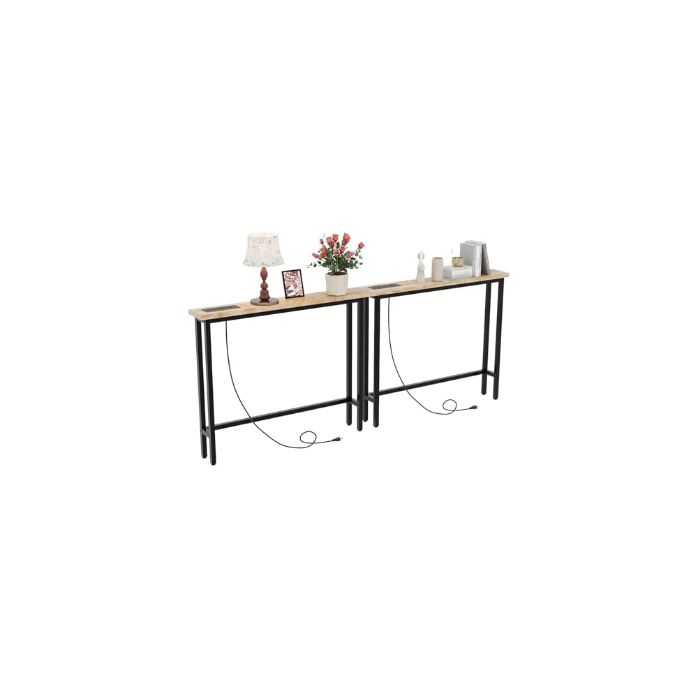 VINGLI 79" Narrow Console Table with Power Outlet 2 Pack, Rustic Brown
