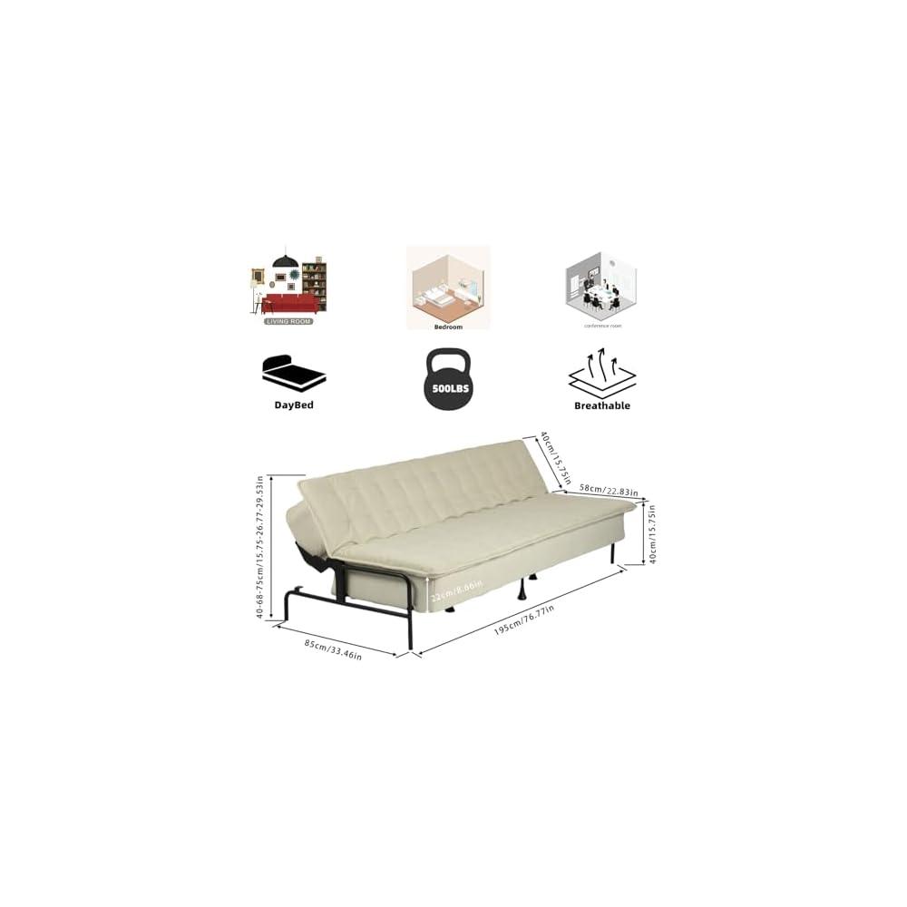 Homy Casa Modern Beige Futon Sofa Bed, 3-Position Adjustable Backrest, Metal Frame, Capacity 500 lbs, Convertible Daybed for Living Room/Guest Room/Studio Apartment
