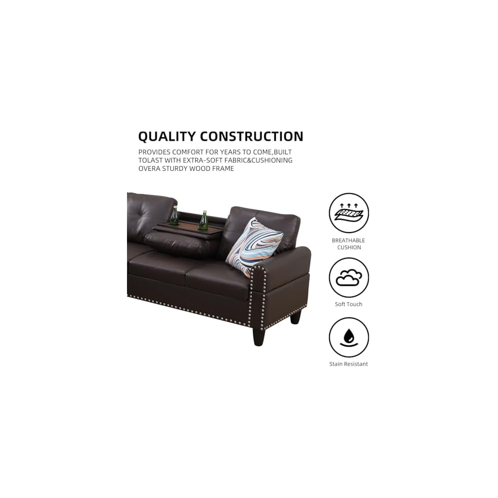 Sectional Sofa Couch, Modern 6-Seaters Living Room Furniture Sets with Chaise Lounge, Ottoman & 6 Pillows | L Shape Couch | Cup Holder | Faux PU Leather,Red-Brown