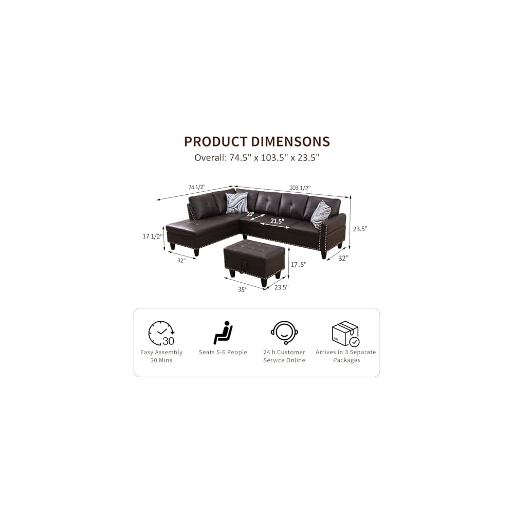 Sectional Sofa Couch, Modern 6-Seaters Living Room Furniture Sets with Chaise Lounge, Ottoman & 6 Pillows | L Shape Couch | Cup Holder | Faux PU Leather,Red-Brown
