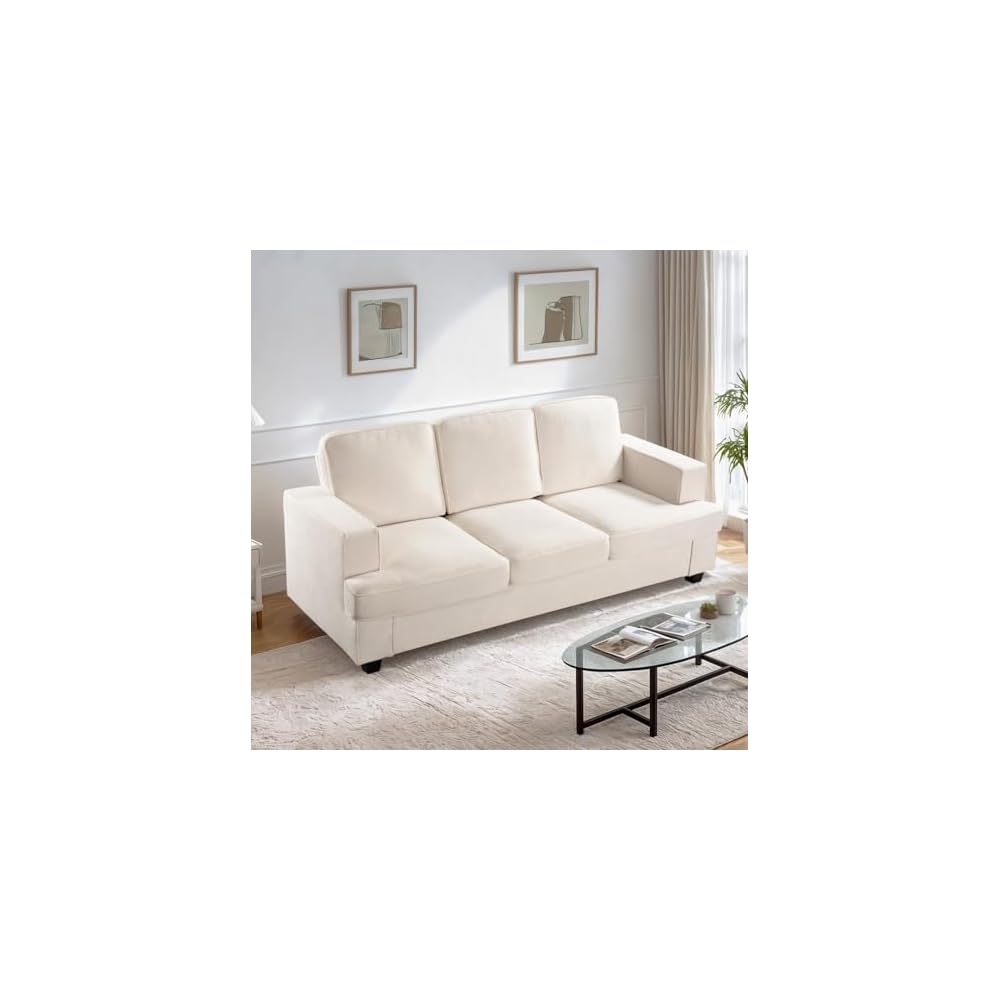 GDFStudio 84.25" Modern Velvet Sofa, Deep Seat 3 Seater Couch, Upholstered Living Room Furniture, Contemporary Fabric Sofa with High Density Foam, Loose Back Cushions, Wide Arms for Apartment, Ivory