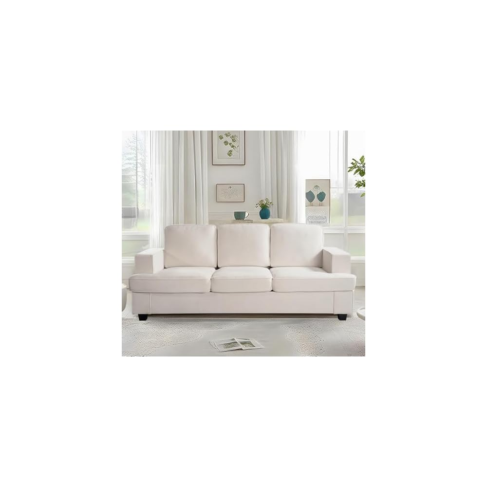 GDFStudio 84.25" Modern Velvet Sofa, Deep Seat 3 Seater Couch, Upholstered Living Room Furniture, Contemporary Fabric Sofa with High Density Foam, Loose Back Cushions, Wide Arms for Apartment, Ivory