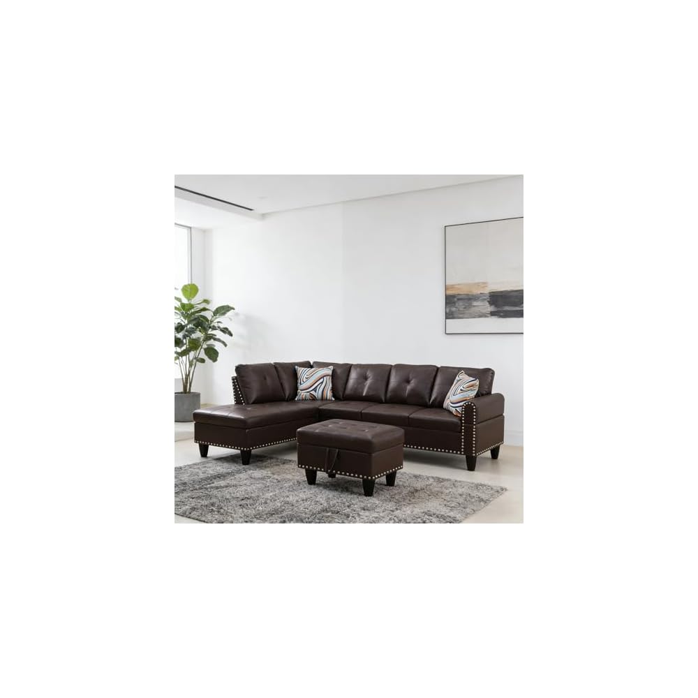 Sectional Sofa Couch, Modern 6-Seaters Living Room Furniture Sets with Chaise Lounge, Ottoman & 6 Pillows | L Shape Couch | Cup Holder | Faux PU Leather,Red-Brown