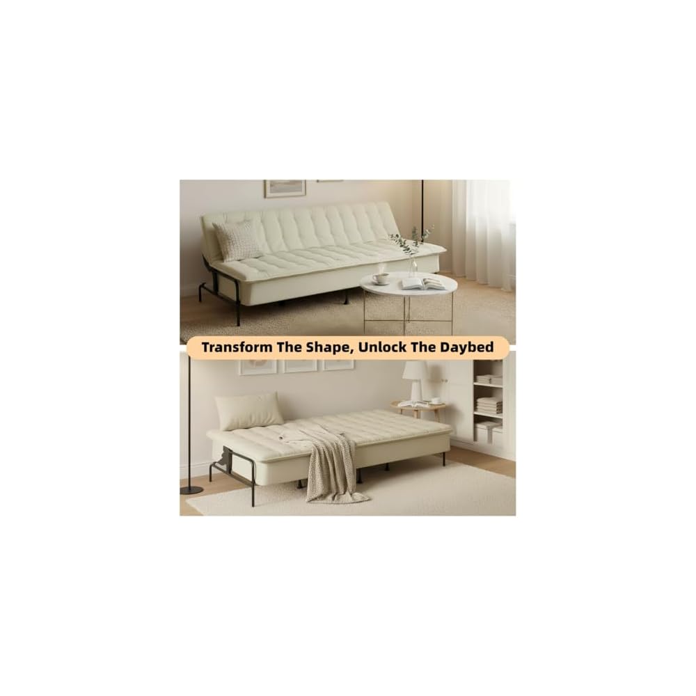 Homy Casa Modern Beige Futon Sofa Bed, 3-Position Adjustable Backrest, Metal Frame, Capacity 500 lbs, Convertible Daybed for Living Room/Guest Room/Studio Apartment