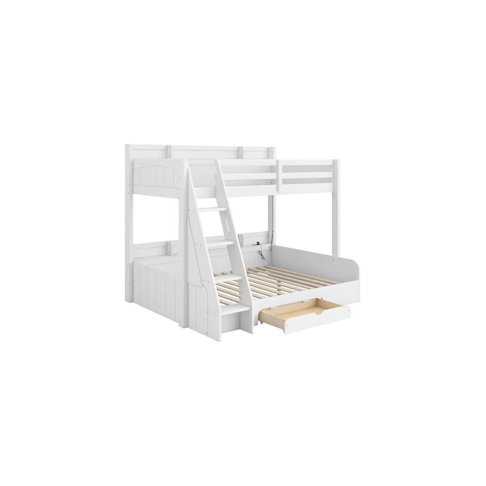 RUNNA Twin Over Full Bunk Bed with Storage Shelves, LED White/LED