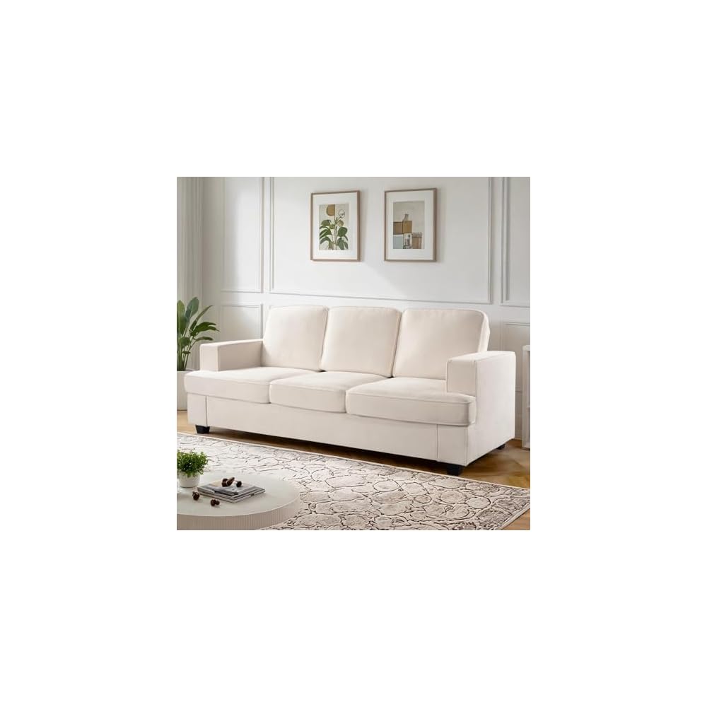 GDFStudio 84.25" Modern Velvet Sofa, Deep Seat 3 Seater Couch, Upholstered Living Room Furniture, Contemporary Fabric Sofa with High Density Foam, Loose Back Cushions, Wide Arms for Apartment, Ivory