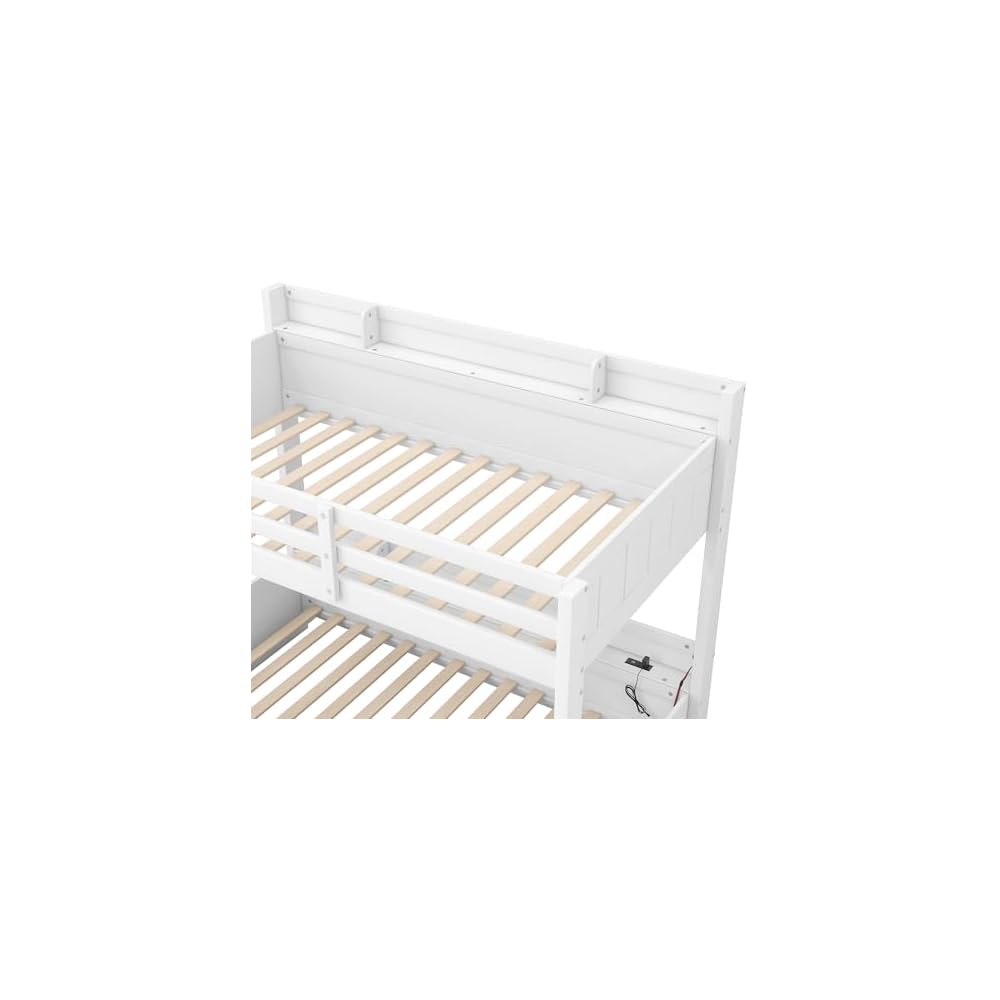 RUNNA Twin Over Full Bunk Bed with Storage Shelves, LED White/LED