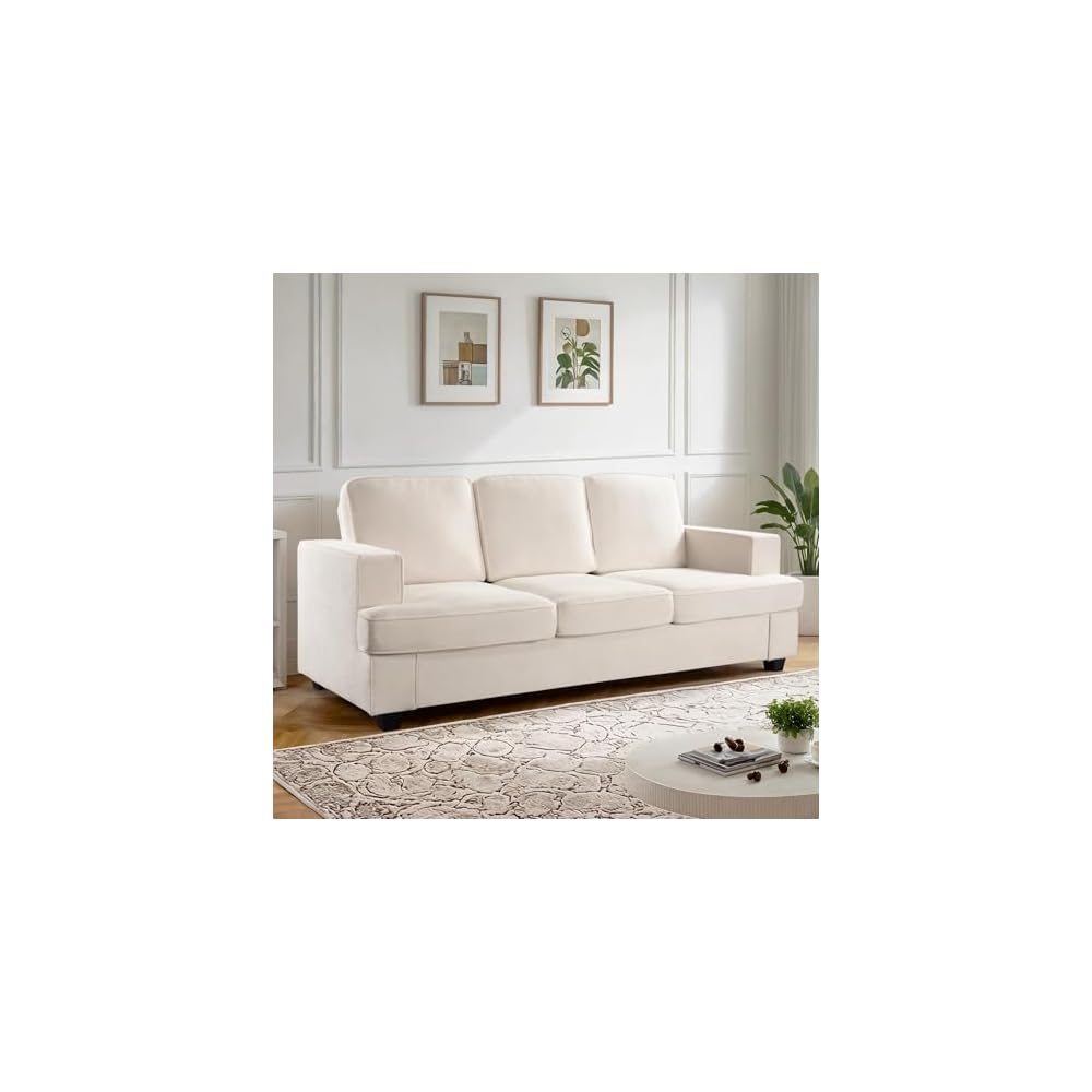 GDFStudio 84.25" Modern Velvet Sofa, Deep Seat 3 Seater Couch, Upholstered Living Room Furniture, Contemporary Fabric Sofa with High Density Foam, Loose Back Cushions, Wide Arms for Apartment, Ivory
