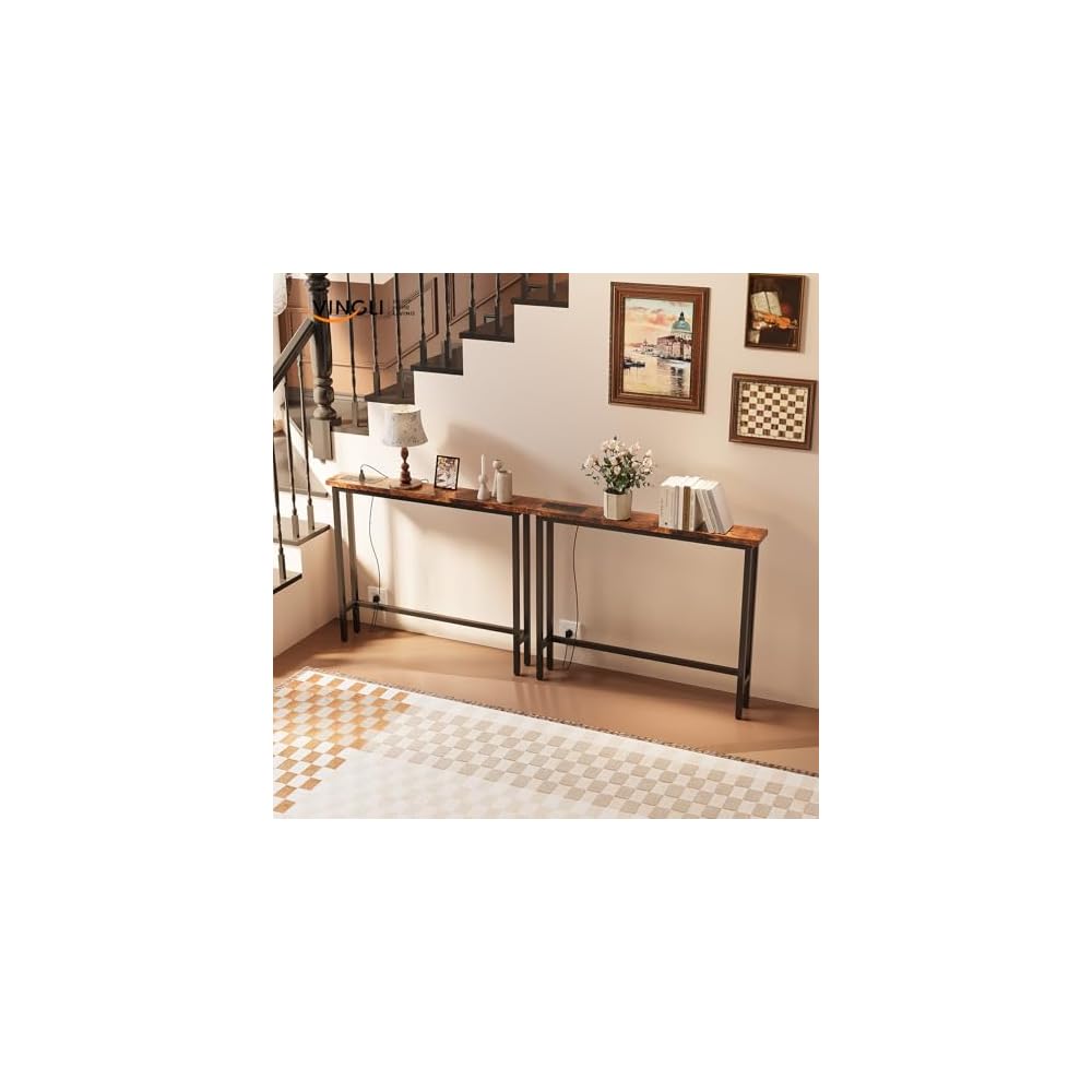 VINGLI 79" Narrow Console Table with Power Outlet 2 Pack, Rustic Brown
