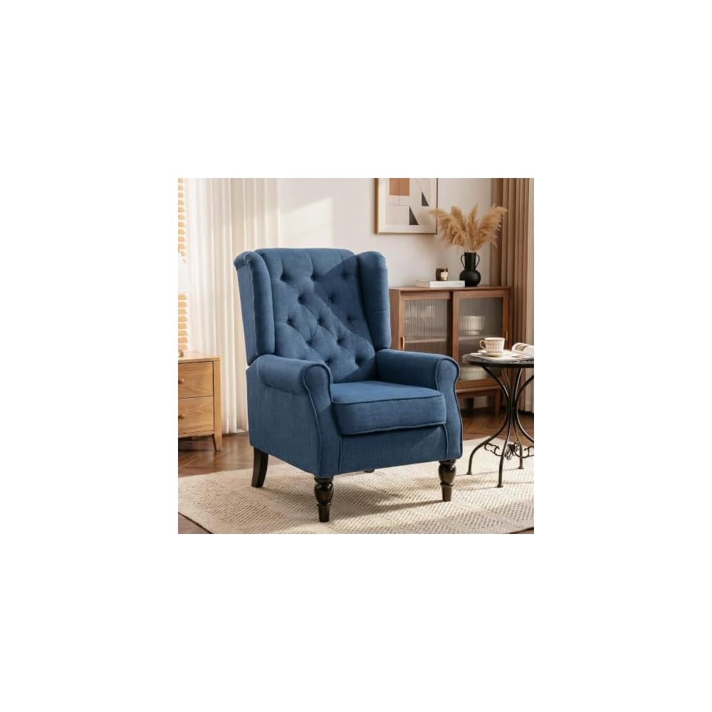 HOMCOM Fabric Accent Chair, Button Tufted Armchair, Modern Living Room Chair, Wingback Chair with Wood Legs, Rolled Arms, Thick Padding for Bedroom, Blue