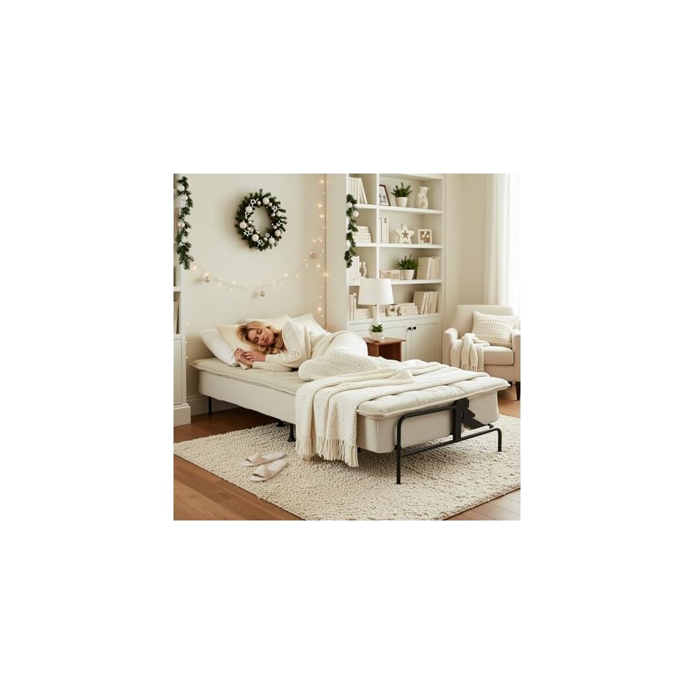 Homy Casa Modern Beige Futon Sofa Bed, 3-Position Adjustable Backrest, Metal Frame, Capacity 500 lbs, Convertible Daybed for Living Room/Guest Room/Studio Apartment