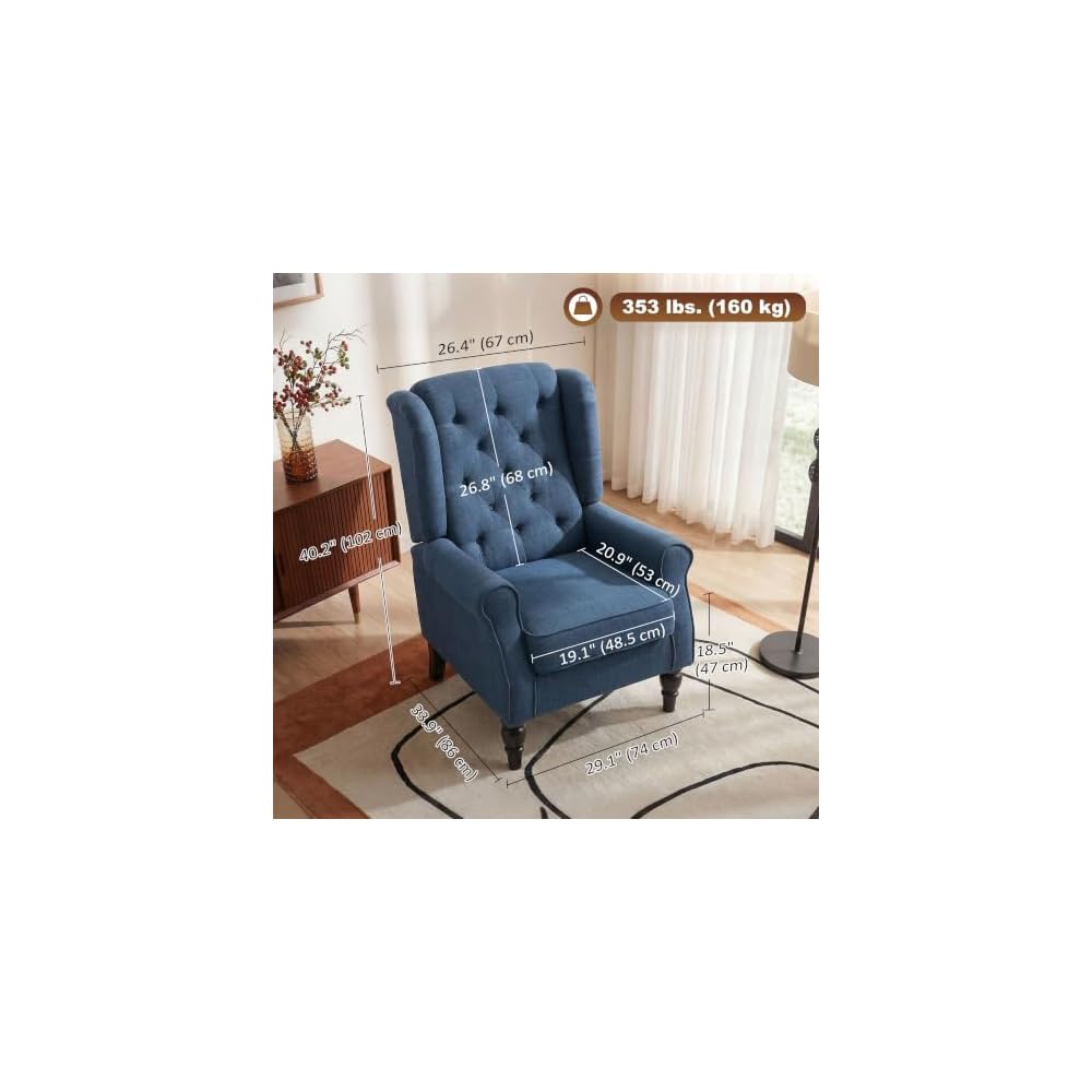 HOMCOM Fabric Accent Chair, Button Tufted Armchair, Modern Living Room Chair, Wingback Chair with Wood Legs, Rolled Arms, Thick Padding for Bedroom, Blue