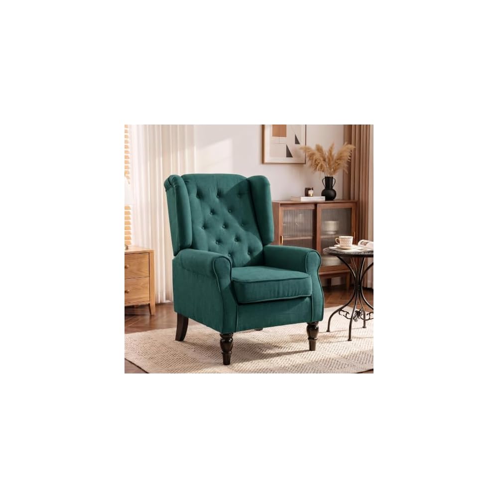HOMCOM Fabric Accent Chair, Button Tufted Armchair, Modern Living Room Chair, Wingback Chair with Wood Legs, Rolled Arms, Thick Padding for Bedroom, Blue