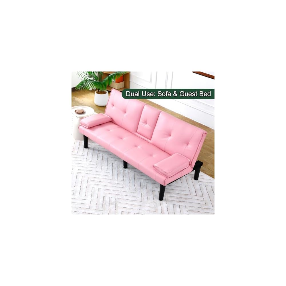 67" Convertible Sofa Bed, Foldable Sleeper Couch with Cup Holders, Pink