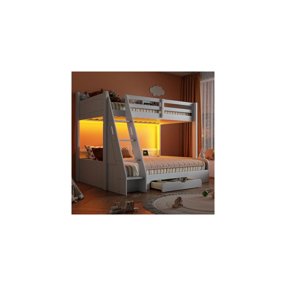 RUNNA Twin Over Full Bunk Bed with Storage Shelves, LED White/LED