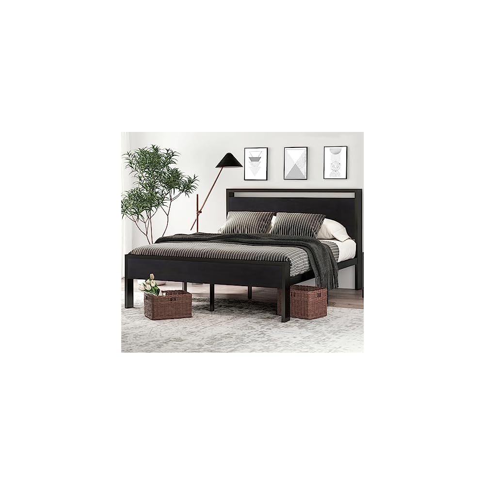 SHA CERLIN Full Size Bed Frame, Wooden Headboard and Footboard, Black Oak