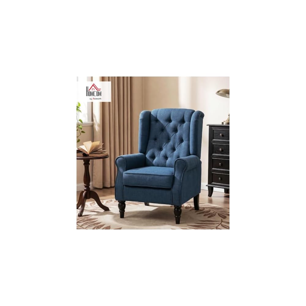 HOMCOM Fabric Accent Chair, Button Tufted Armchair, Modern Living Room Chair, Wingback Chair with Wood Legs, Rolled Arms, Thick Padding for Bedroom, Blue