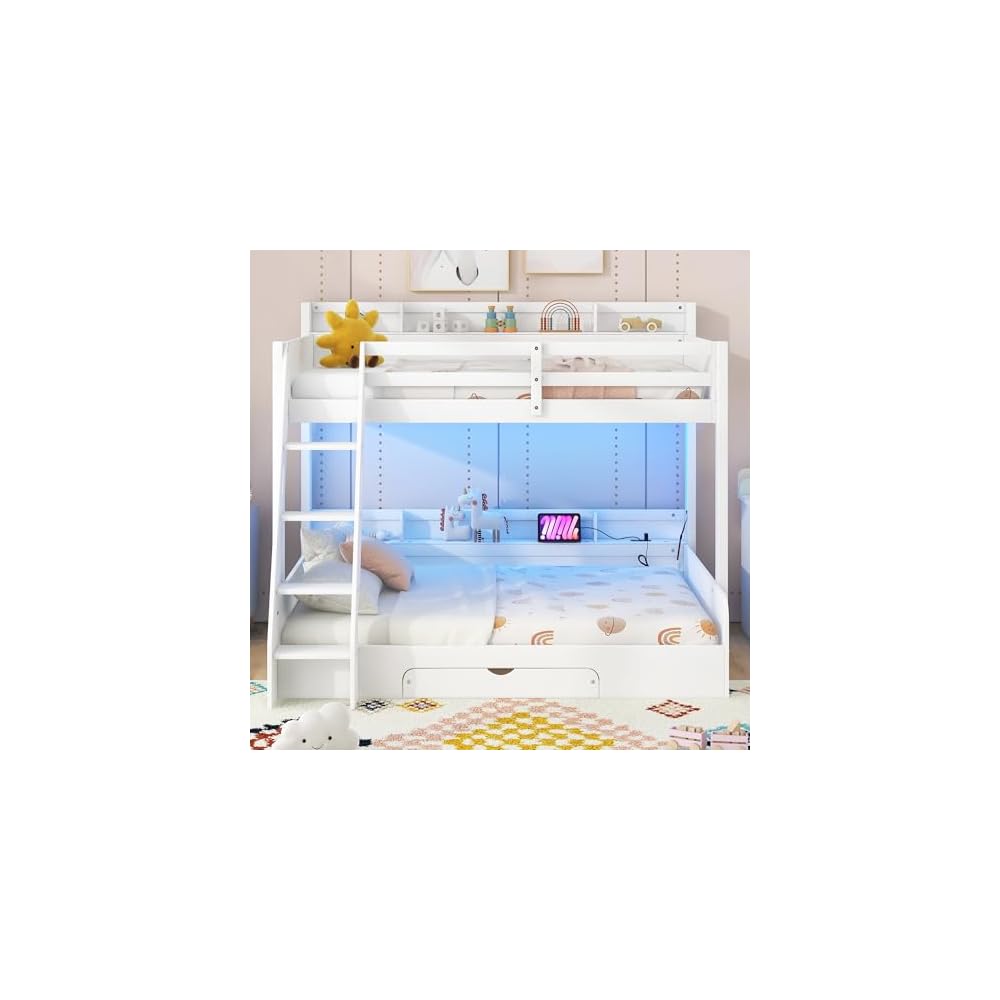 RUNNA Twin Over Full Bunk Bed with Storage Shelves, LED White/LED
