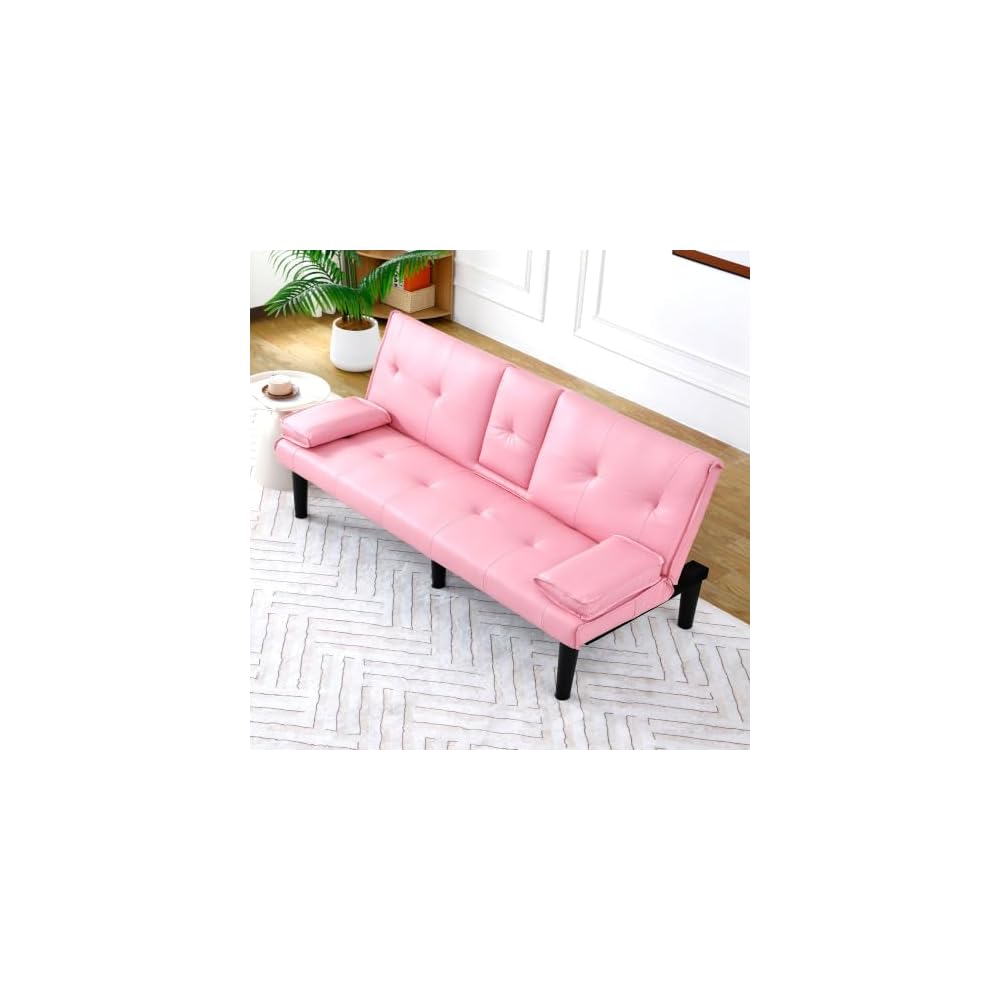 67" Convertible Sofa Bed, Foldable Sleeper Couch with Cup Holders, Pink