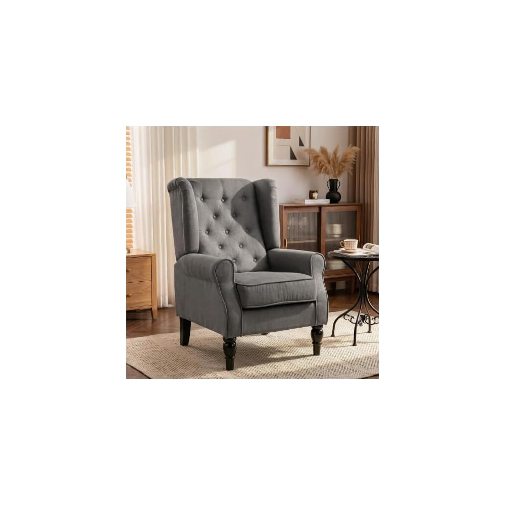 HOMCOM Fabric Accent Chair, Button Tufted Armchair, Modern Living Room Chair, Wingback Chair with Wood Legs, Rolled Arms, Thick Padding for Bedroom, Blue