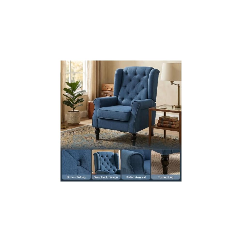 HOMCOM Fabric Accent Chair, Button Tufted Armchair, Modern Living Room Chair, Wingback Chair with Wood Legs, Rolled Arms, Thick Padding for Bedroom, Blue
