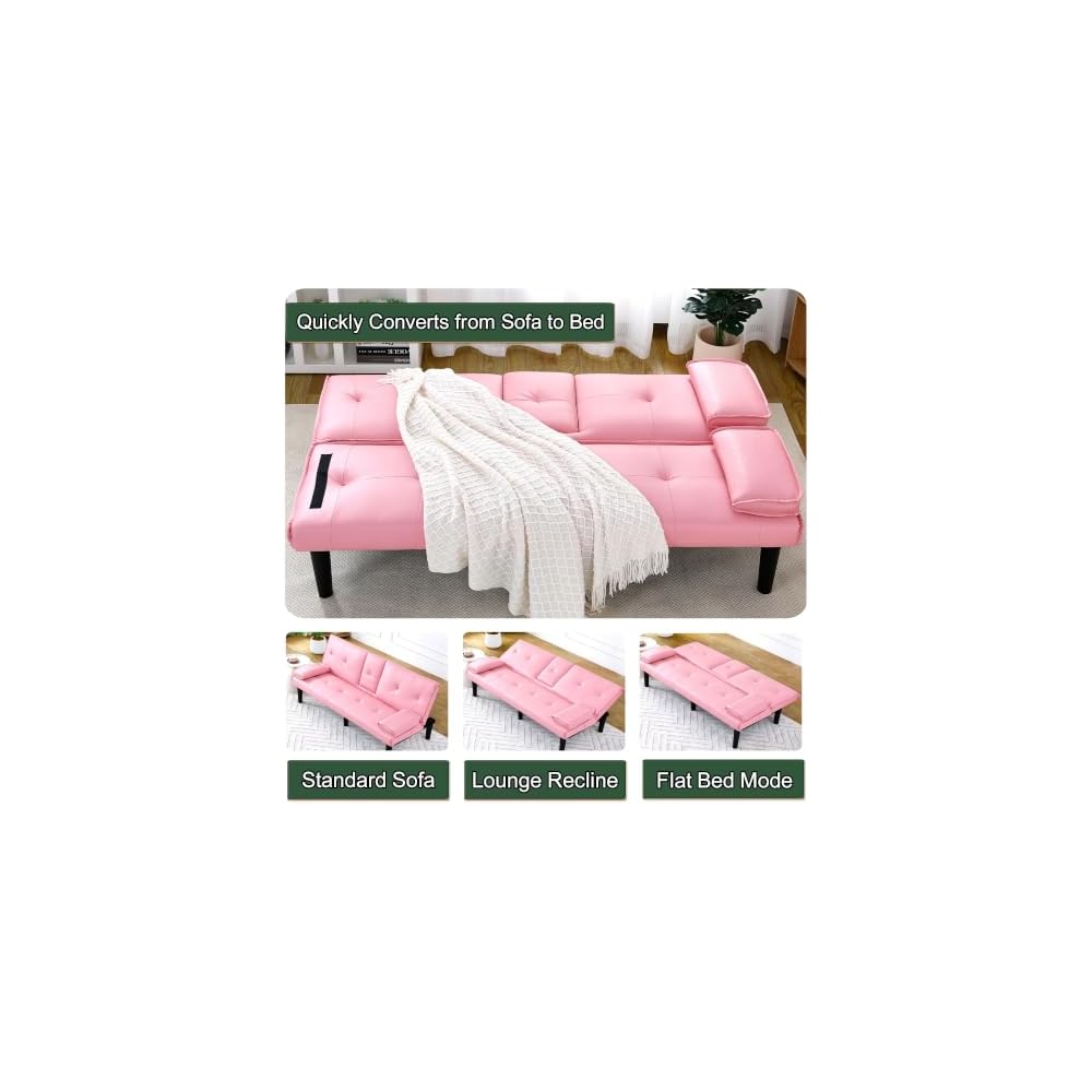 67" Convertible Sofa Bed, Foldable Sleeper Couch with Cup Holders, Pink