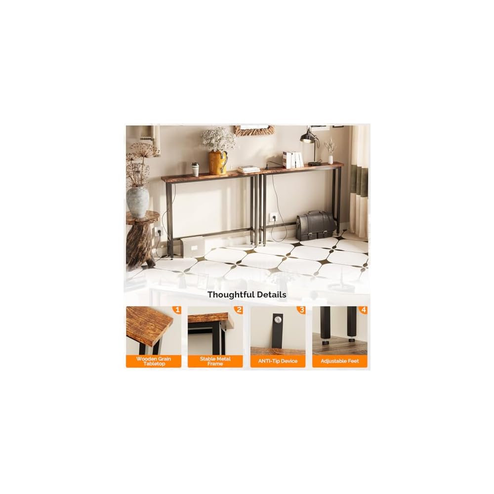 VINGLI 79" Narrow Console Table with Power Outlet 2 Pack, Rustic Brown