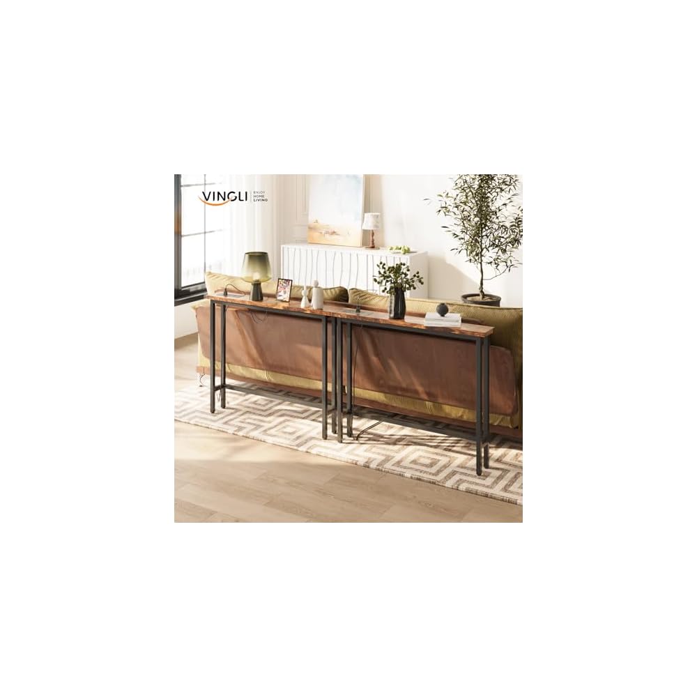 VINGLI 79" Narrow Console Table with Power Outlet 2 Pack, Rustic Brown