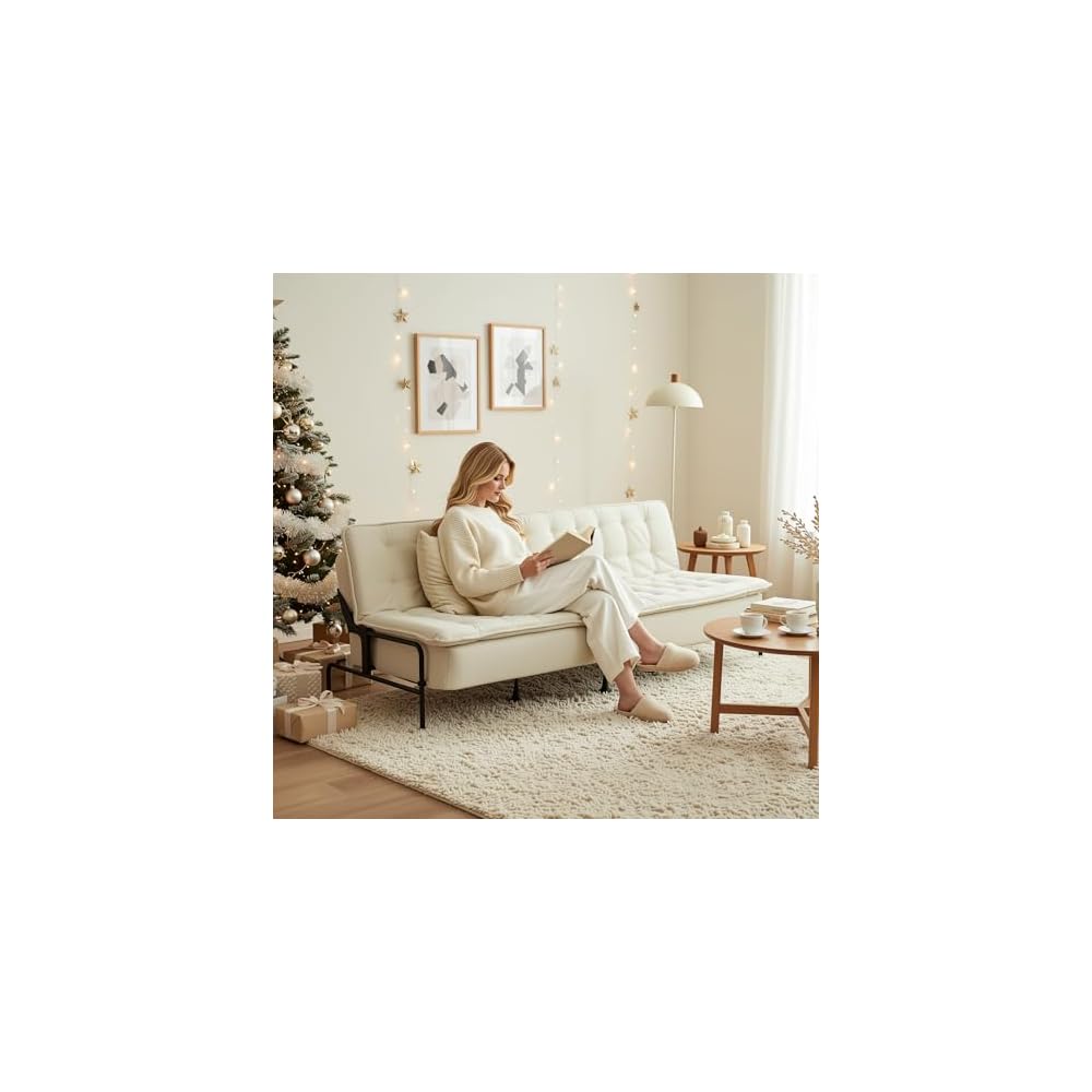Homy Casa Modern Beige Futon Sofa Bed, 3-Position Adjustable Backrest, Metal Frame, Capacity 500 lbs, Convertible Daybed for Living Room/Guest Room/Studio Apartment
