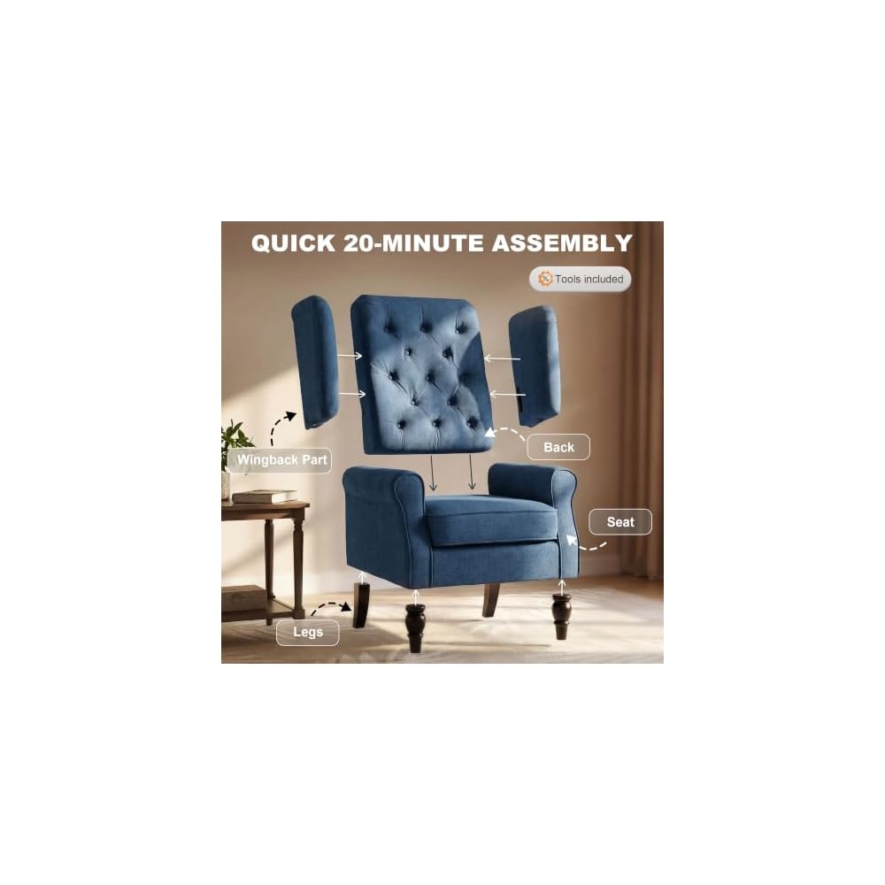 HOMCOM Fabric Accent Chair, Button Tufted Armchair, Modern Living Room Chair, Wingback Chair with Wood Legs, Rolled Arms, Thick Padding for Bedroom, Blue