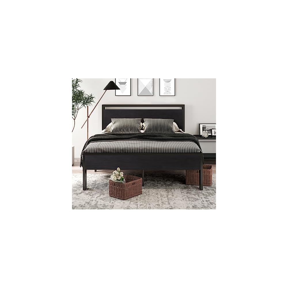 SHA CERLIN Full Size Bed Frame, Wooden Headboard and Footboard, Black Oak