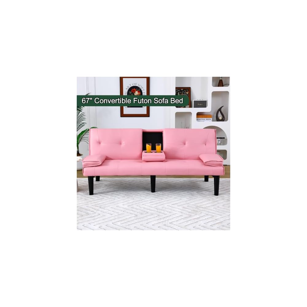 67" Convertible Sofa Bed, Foldable Sleeper Couch with Cup Holders, Pink