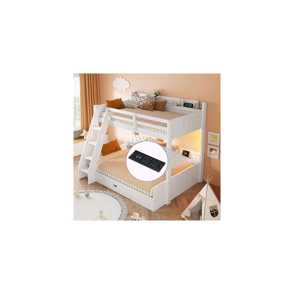 RUNNA Twin Over Full Bunk Bed with Storage Shelves, LED White/LED