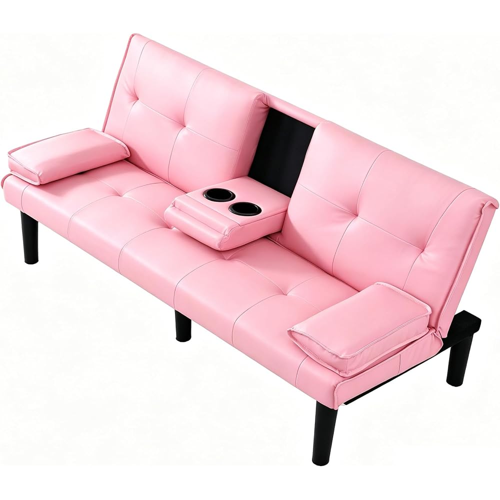 67" Convertible Sofa Bed, Foldable Sleeper Couch with Cup Holders, Pink