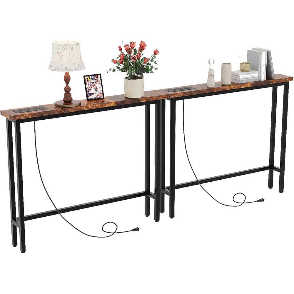 VINGLI 79" Narrow Console Table with Power Outlet 2 Pack, Rustic Brown
