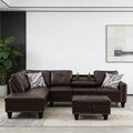 Sectional Sofa Couch, Modern 6-Seaters Living Room Furniture Sets with Chaise Lounge, Ottoman & 6 Pillows | L Shape Couch | Cup Holder | Faux PU Leather,Red-Brown