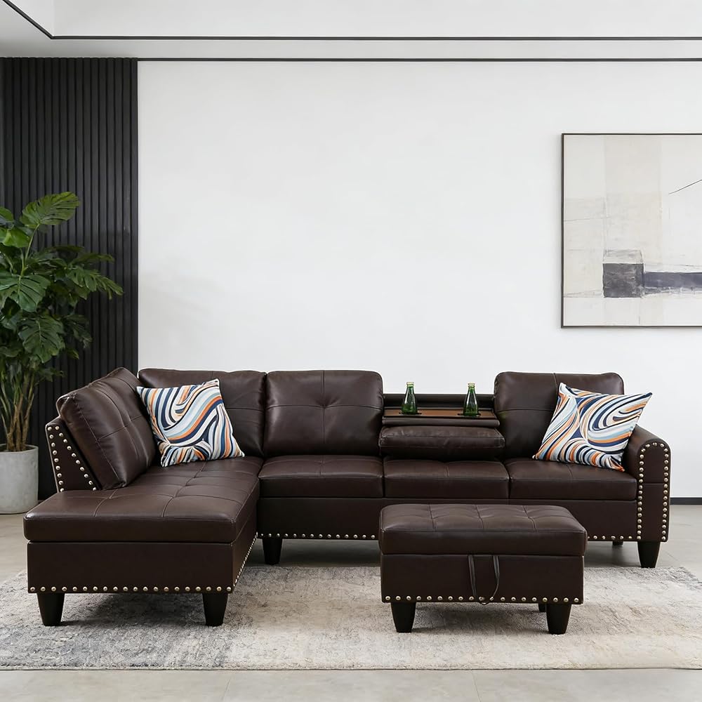 Sectional Sofa Couch, Modern 6-Seaters Living Room Furniture Sets with Chaise Lounge, Ottoman & 6 Pillows | L Shape Couch | Cup Holder | Faux PU Leather,Red-Brown