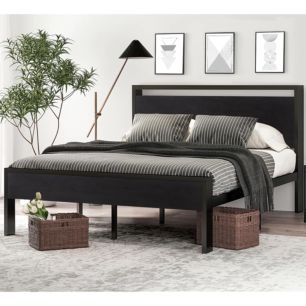 SHA CERLIN Full Size Bed Frame, Wooden Headboard and Footboard, Black Oak