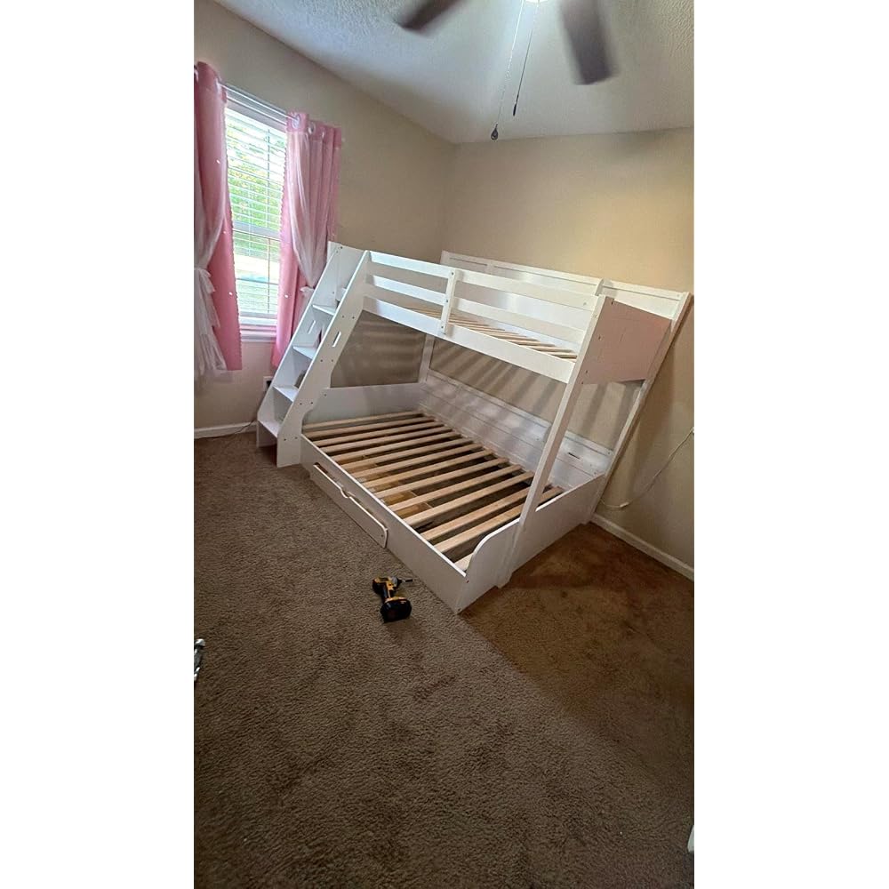RUNNA Twin Over Full Bunk Bed with Storage Shelves, LED White/LED