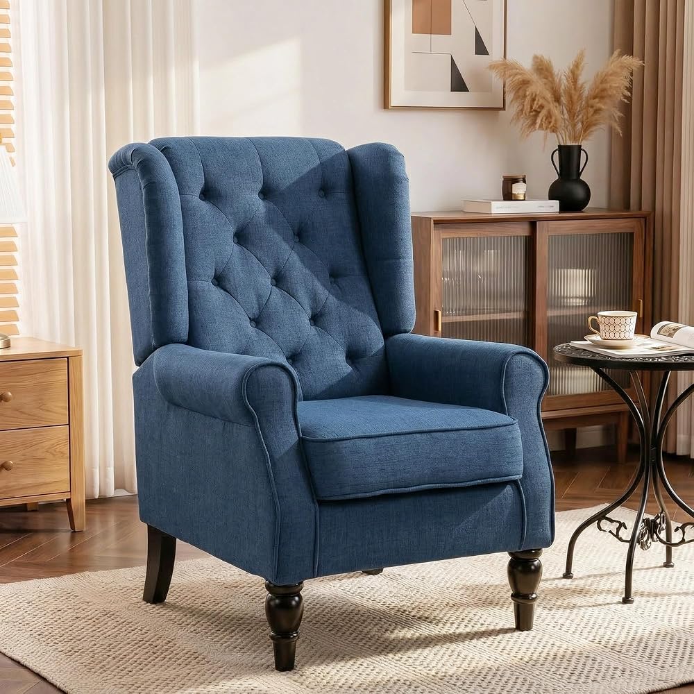 HOMCOM Fabric Accent Chair, Button Tufted Armchair, Modern Living Room Chair, Wingback Chair with Wood Legs, Rolled Arms, Thick Padding for Bedroom, Blue